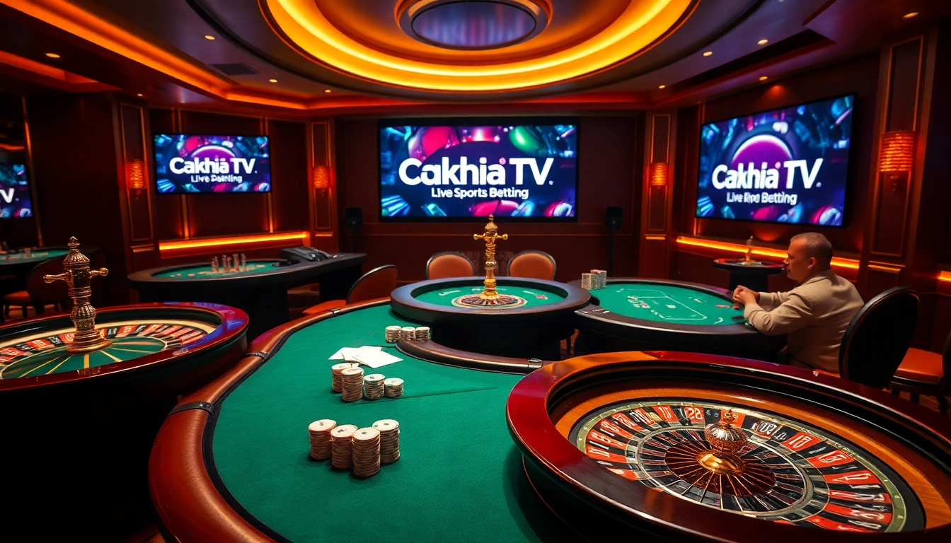 Cakhia TV brings live sports betting excitement to the lavish casino scene featuring poker and roulette.