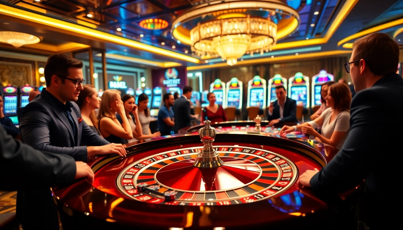 Experience the excitement of online gambling at 8kbet with a vibrant casino scene featuring roulette tables and gaming action.