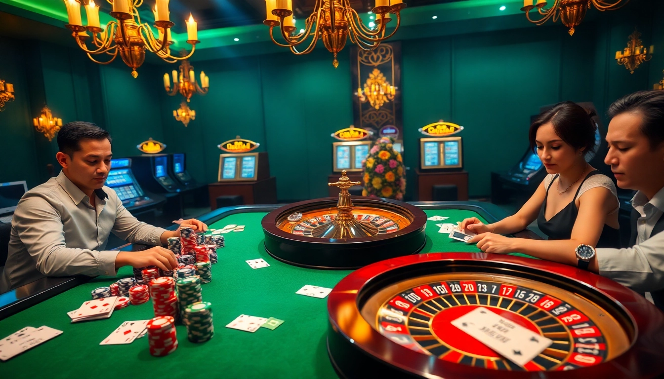 Kèo nhà cái 5 chuẩn showcased in an engaging casino scene with players at a roulette table.
