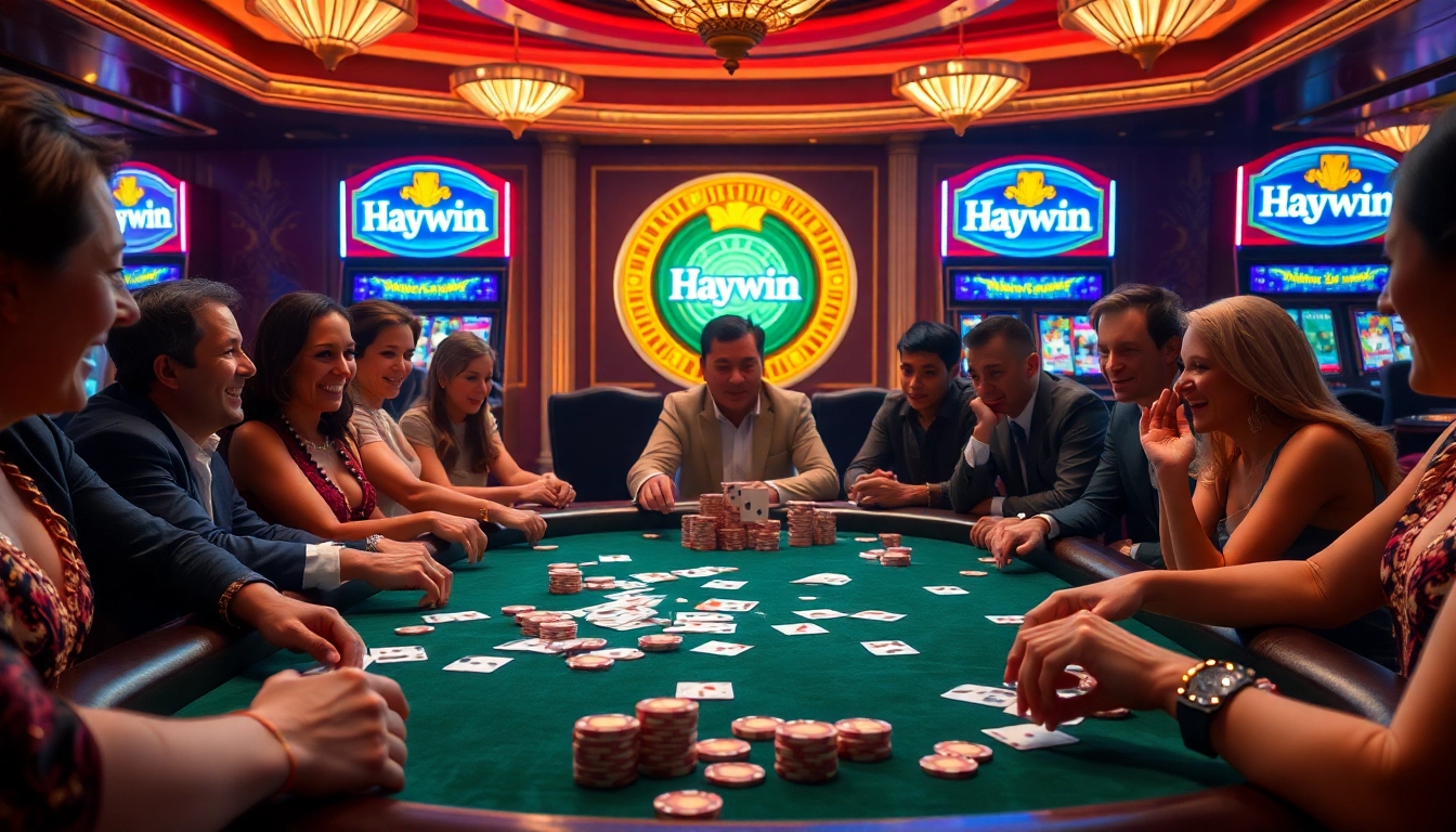 Players enjoying a thrilling game at Haywin's luxurious casino table with vibrant slot machines.