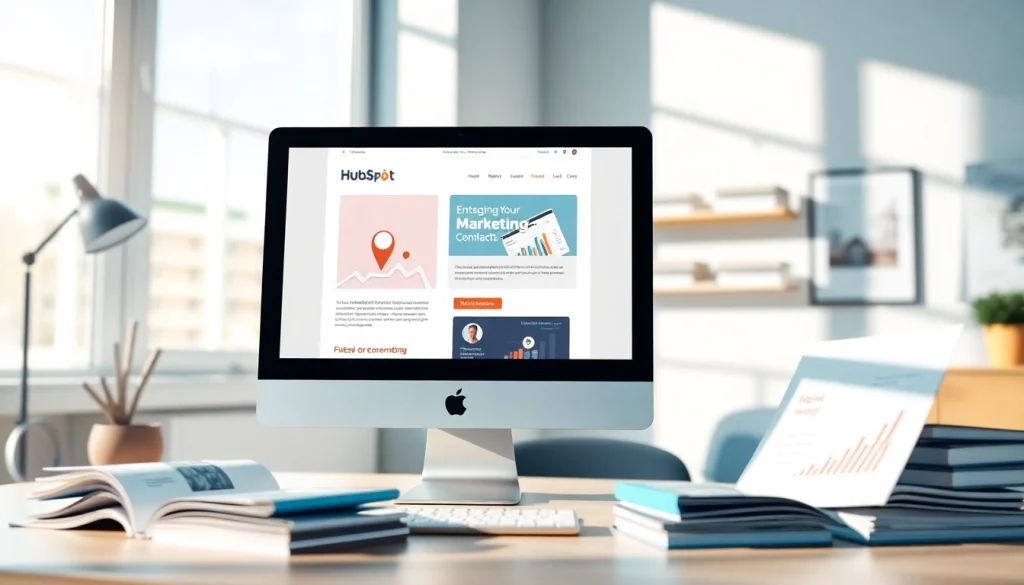 Design an engaging hubspot marketing email template with vibrant graphics on a computer screen.
