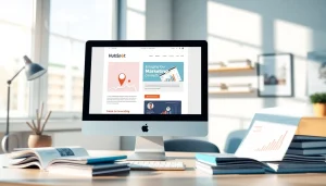 Design an engaging hubspot marketing email template with vibrant graphics on a computer screen.