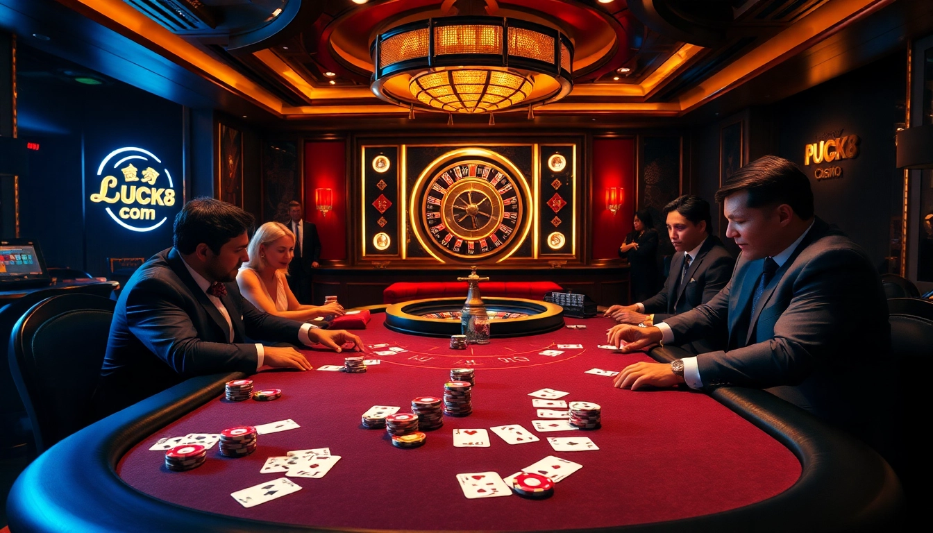 Experience high-stakes excitement at LUCK8 com with a vibrant casino atmosphere featuring poker tables and roulette wheels.