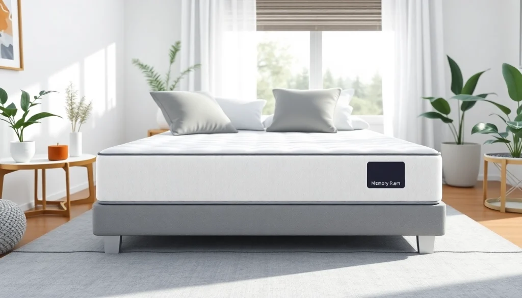 Showcasing a memory foam mattress in a serene bedroom, emphasizing comfort and design.