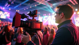 Engaging scene of Professional Video Production team capturing lively event moments.