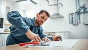 Discover whole house repiping services Tampa while a plumber inspects pipes in a bright kitchen.
