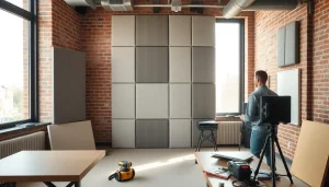 Soundproofing installation with acoustic panels in a modern office space.