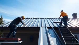 Workers installing durable metal roofing vancouver on a residential home with clear skies.