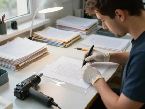 gỡ ép plastic hà nội in a professional paper restoration workshop, technician safely removing laminate from documents.