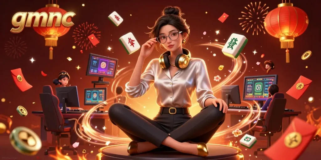 Experience the excitement of gmnc with elegant visuals of an Asian woman gaming in a tech-rich environment.