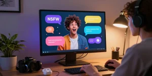 Engaging user interacting with character AI NSFW chat, vibrant dialogue, modern workspace ambiance.