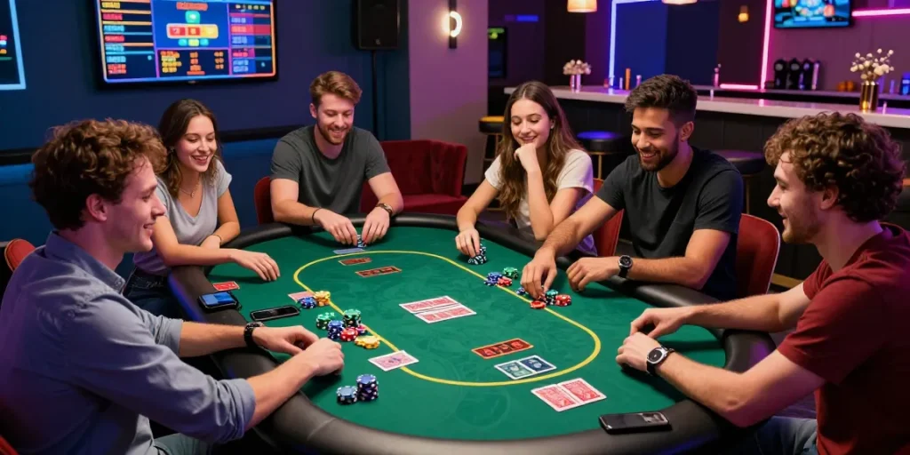 LUCK8 online gaming experience with friends at a modern casino table, engaging in poker and blackjack with lively atmosphere.