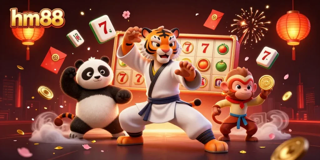 Join the action at hm88 online casino with a vibrant scene of animated characters celebrating wins.