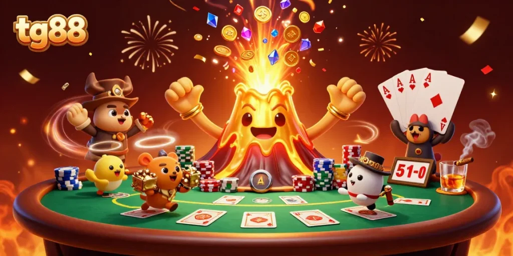Join the exciting tg88 casino adventure with a golden volcano and poker elements in an eruptive scene.