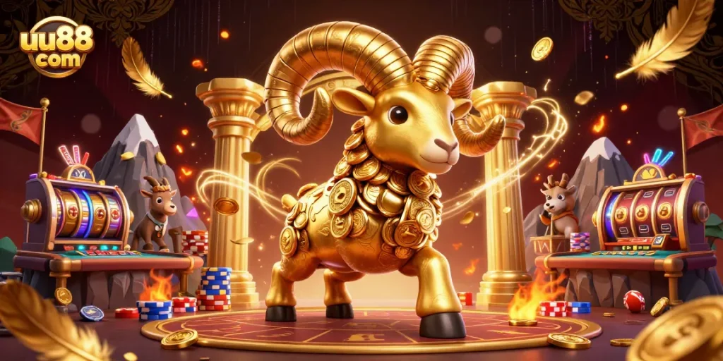 Engage with uu88 com's thrilling casino world featuring a golden ram and game action