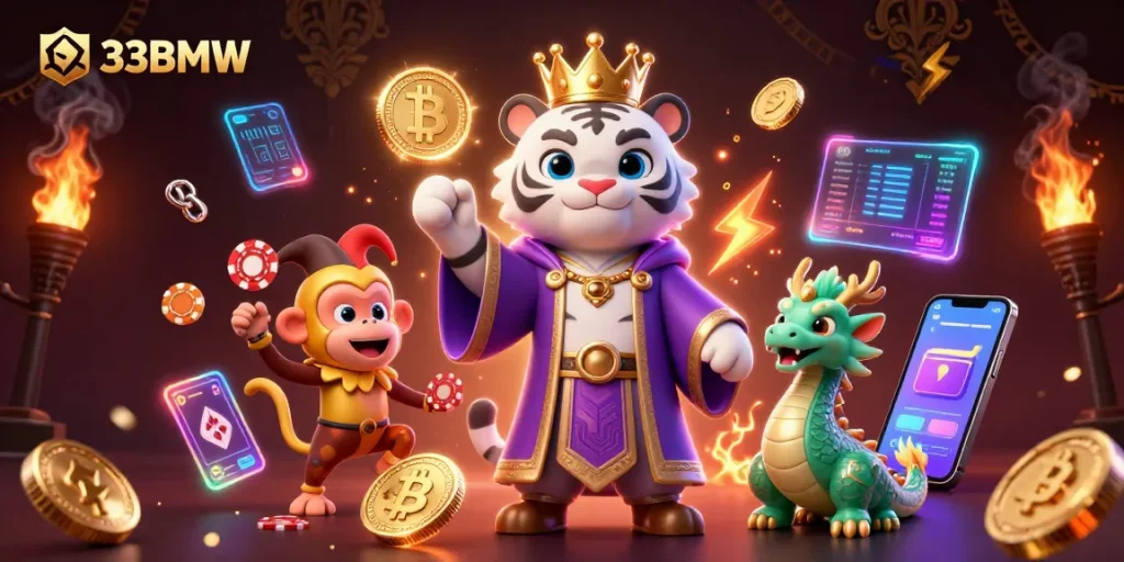 Experience thrilling 33BMW gaming with a vibrant scene of a magical tiger, monkey, and dragon amidst neon crypto elements.