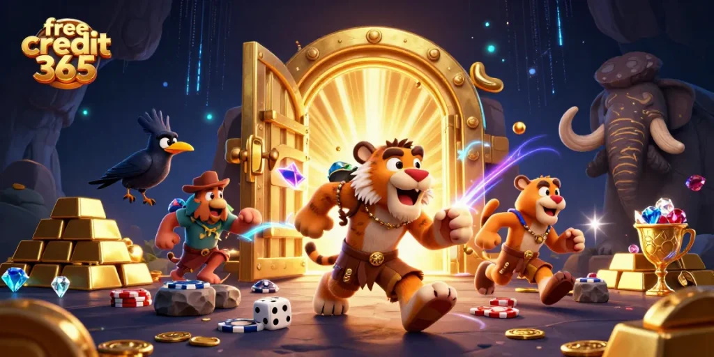 Win big with free credit 365 at a vibrant prehistoric casino featuring unique characters and exciting game elements.