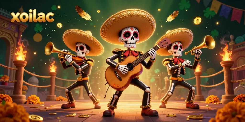 Experience live betting thrills with xoilac's dynamic 3D illustration of a mariachi band in a festive casino arena.