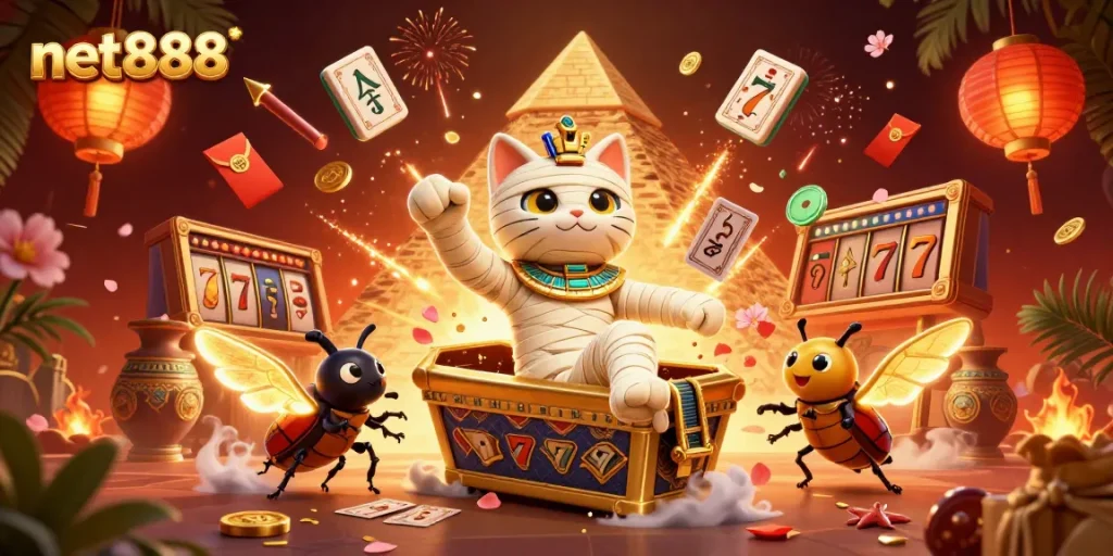 Engage in exciting gaming with net888 featuring a mummy cat and vibrant casino elements.