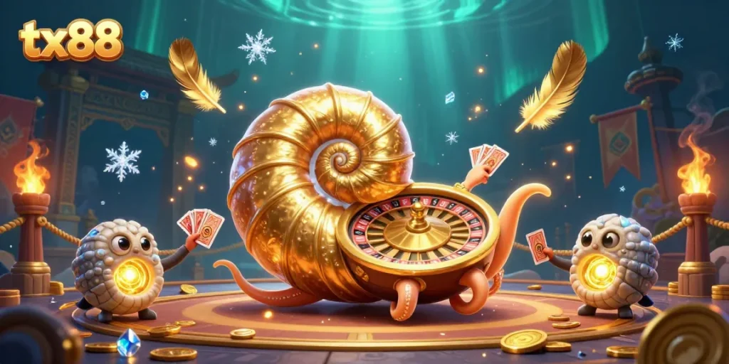 Engage with the tx88 casino scene featuring a giant nautilus roulette wheel in a vibrant arena.