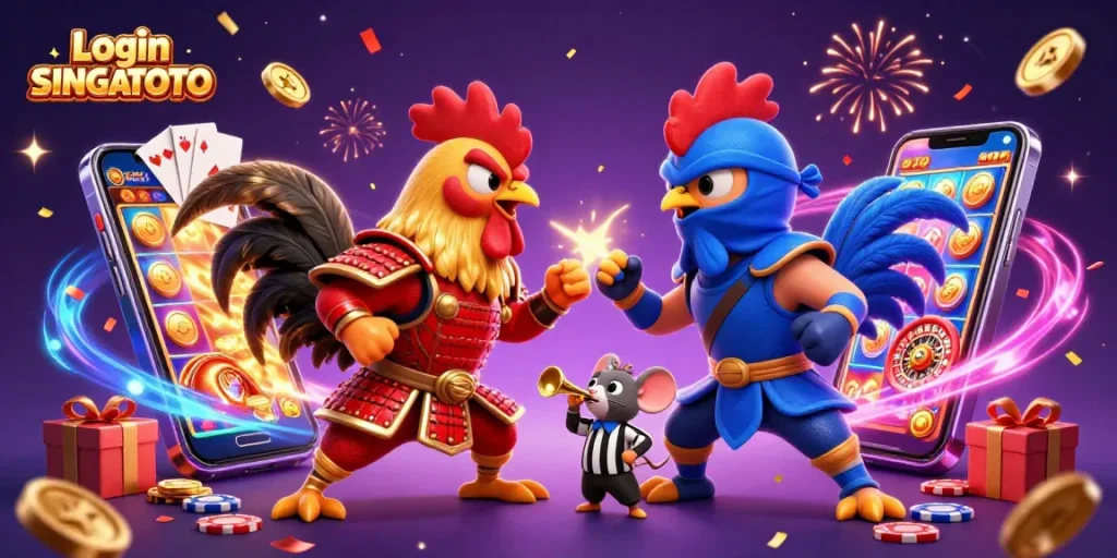 Login SINGATOTO, ayam jantan berkelahi di arena bertema kasino yang penuh gemerlap.