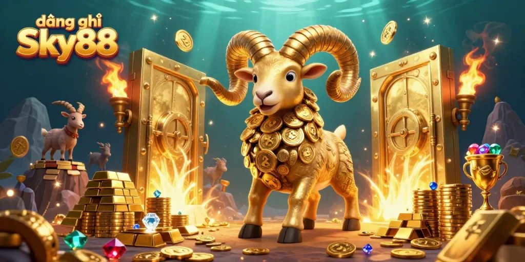 Join the excitement of đăng ký Sky88 with a dynamic scene of a charging golden ram amidst a treasure vault