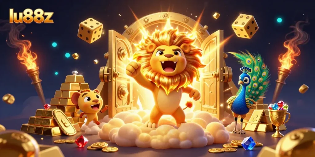 Experience thrilling wins at lu88z in this vibrant 3D casino illustration filled with treasures.