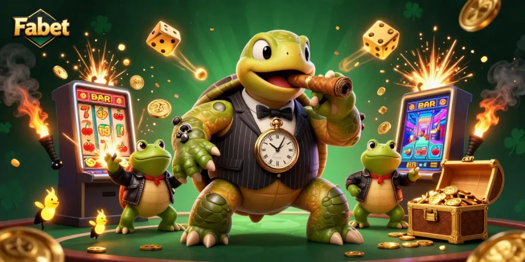 Fabet showcases a vibrant casino scene featuring a snapping turtle mobster surrounded by thrilling slot machine action.