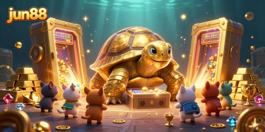Experience the excitement of jun88's gaming world as playful animals engage with a golden tortoise pinball machine.
