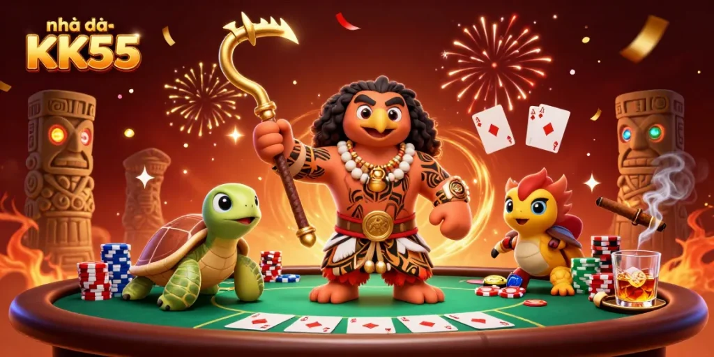 Join the excitement with nhà cái KK55 as the characters play poker amidst a vibrant casino atmosphere.